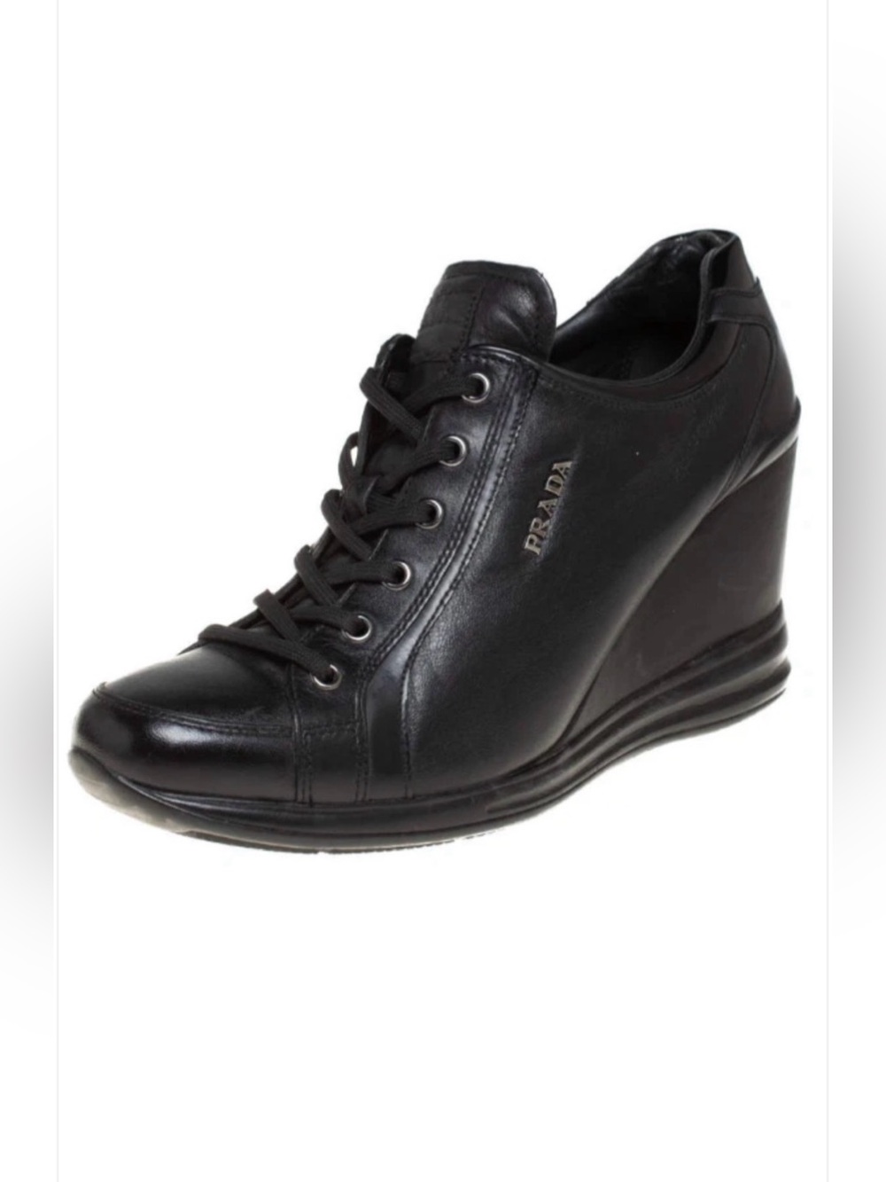 Prada Black Leather Wedge Lace-Up Sneaker 38.5